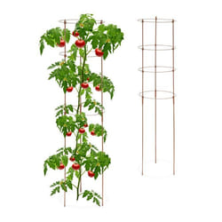 Relaxdays Tuteur à tomates en lot de 2 métal et plastique hauteur : 120 cm 4 anneaux réglables pour plantes marron
