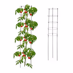Relaxdays Tuteur à tomates en lot de 2 métal et plastique hauteur : 150 cm 5 anneaux réglables pour plantes noir