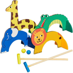 Relaxdays - Jeu de croquet pour enfants, 2 joueurs, avec maillets, balles & arceaux, design animalier, bois, multicolore