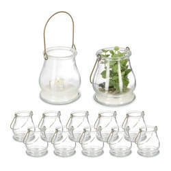 Lot de 12 photophores à suspendre, verre, anse, pour intérieur & extérieur, HxD 10x8,5 cm, transparent/doré - Relaxdays
