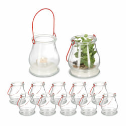 Relaxdays - Lot de 12 photophores à suspendre, verre, anse, pour intérieur & extérieur, HxD 10x8,5 cm, transparent/rouge