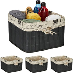 Relaxdays - Panier de rangement, lot de 4, bambou et polyester, hlp : 20x31x31 cm, corbeille à poignée, boîte d'étagère, noir-crème