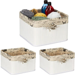 Relaxdays - Panier de rangement, lot de 3, bambou et polyester, hlp : 20x31x31 cm, corbeille à poignée, boîte d'étagère, blanc/crème
