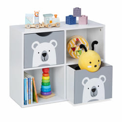 Meuble de rangement oursons, 2 tiroirs, 2 compartiments ouverts, h x l x p : 48 x 60 x 24,5 cm, blanc - gris - Relaxdays