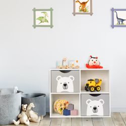 Meuble de rangement oursons, 2 tiroirs, 2 compartiments ouverts, h x l x p : 48 x 60 x 24,5 cm, blanc - gris - Relaxdays