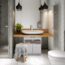 Relaxdays Meuble sous lavabo, encoche siphon, poignées corde, placard de salle de bain, HxLxP : 60x60x30 cm, blanc