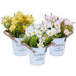 Plantes artificielles en pot, lot de 3, chrysanthèmes, fausses fleurs, h x d: 20 x 15 cm, jaune - blanc - rose - Relaxdays