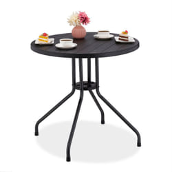 Table de jardin, h x d : 75 x 80 cm, aspect bois, plastique & acier, forme ronde, noir - Relaxdays