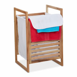 Meuble à linge, cadre en bois de noyer, couvercle, 50 l, pour la salle de bain, hlp 60x40x35 cm, nature/blanc - Relaxdays