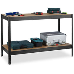 Relaxdays Banc de travail, 600 kg, atelier, HxLxP: 91x141x61 cm, 2 niveaux réglables, rangement acier & MDF, noir