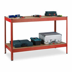 Relaxdays Banc de travail, 600 kg, HxLxP : 91 x 141 x 61 cm, 2 niveaux réglables, table, acier & MDF, établi, rouge
