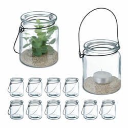 Relaxdays - Photophore en verre, lot de 12, porte-bougie avec anse noire, HxD : 9,5x8 cm, bougeoir rond, transparent/noir