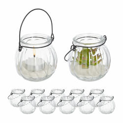 Photophore en verre, lot de 12, porte-bougie avec anse, HxD : 7,5 x 8 cm, récipient rond, transparent - Relaxdays
