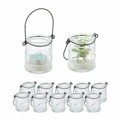 Photophore, set de 12, verre avec anse, intérieur & extérieur, HxD : 7x6 cm, porte-bougies, transparent/noir - Relaxdays