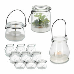 Photophore en verre, lot de 12, porte-bougie avec anse noire, 3 tailles, rond, transparent - Relaxdays