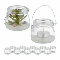 Photophore, lot de 12, verre, avec anse, pour intérieur et extérieur, HxD: 6,5 x 7,5 cm, transparent/argenté - Relaxdays