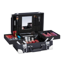 Mallette à maquillage, pour cosmétiques, vernis à ongle, miroir, HxLxP : 12,5 x 31 x 23 cm, vide, noir - blanc - Relaxdays