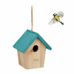 Relaxdays - Cabane à oiseaux décorative, en bois, suspendre, hlp : env. 16 x 15 x 11 cm, jardin et balcon, nature/bleu