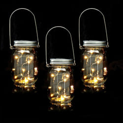 Relaxdays - Lanterne solaire en lot de 3, huit led, avec anse, détecteur crépusculaire, HxD : 13 x 8 cm, transparent