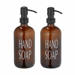 Distributeur de savon, lot de 2, porte-savon liquide, rechargeable, tête de pompe, inscription, 500 ml, marron - Relaxdays