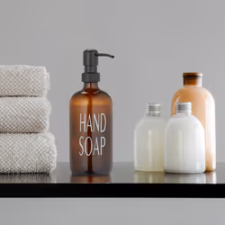 Distributeur de savon, lot de 2, porte-savon liquide, rechargeable, tête de pompe, inscription, 500 ml, marron - Relaxdays