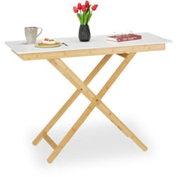 Relaxdays - Table d'appoint pliable, réglable en hauteur, bambou, mdf, HxlxP : 70x105x50 cm, cuisine, balcon, nature/blanc