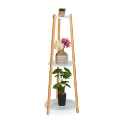 Support à plantes, 3 niveaux, rond, intérieur, bambou, mdf, h x d : 98 x 35 cm, étagères fleurs, blanc-nature - Relaxdays