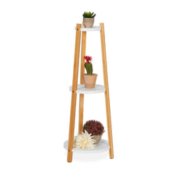 Relaxdays Support à plantes, 3 niveaux, rond, intérieur, bambou, MDF, H x D : 73,5x28 cm, étagères fleurs, blanc-nature