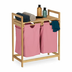 Meuble à linge, structure en bambou, 2 sacs amovibles, h x l x p : 73 x 64 x 33 cm, nature et rose - Relaxdays