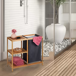 Meuble à linge, en bambou, étagère avec 3 niveaux, sac amovible, hlp : 65x68x33 cm, salle de bain, nature/gris - Relaxdays