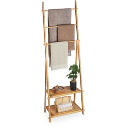 Relaxdays - Porte-serviettes en bambou, 3 barres, 2 étagères, HxLxP : 153 x 53,5 x 30 cm, non fixe, salle de bain, nature