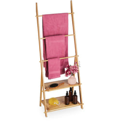 Relaxdays - Porte-serviettes en bambou, 3 barres, 2 étagères, HxLxP: 134x53x31,5 cm, pliable, sèche-serviettes, nature