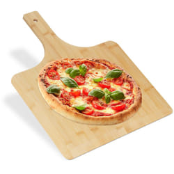 Relaxdays - Planche à pizza, bambou, 50x38 cm, carrée, spatule, bords arrondis, avec poignée, planche, nature