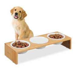 Relaxdays - Gamelles pour chiens, 3 récipients, 400 ml, compatible lave-vaisselle, bambou & céramique, nature - blanc