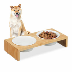 Relaxdays - Gamelles chiens, support à 2 récipients, 270 ml, compatible lave-vaisselle, bambou & céramique, nature - blanc