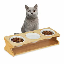 Relaxdays - Support pour chat, 3 gamelles, 400 ml chacune, bambou & céramique, compatibles lave-vaisselle, nature - blanc