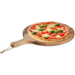 Relaxdays - Planche à pizza, plateau rond en bois d'acacia, diamètre de 35,5 cm, avec poignée, nature