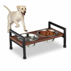Relaxdays - Gamelles pour chiens, support, 2 récipients en acier inoxydable, 750 ml, bois de manguier & fer, marron - noir