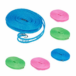 Relaxdays - Corde à linge, lot de 6, 5 m, antidérapante, fil flexible avec crochets, pour camping, bleu - rose - vert