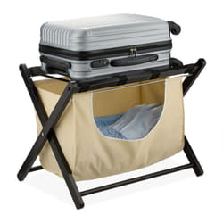 Relaxdays - Porte-bagage, pliable, bois, HxLxP: 52x68x47 cm, repose-valise & panière à linge, pour hôtel, noir - beige