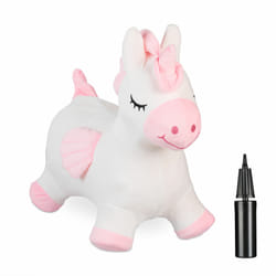 Relaxdays Animal sauteur en forme de licorne, pompe à air et housse, charge max. 50 kg, sans BPA, 3 ans et +, blanc/rose