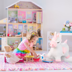 Relaxdays Animal sauteur en forme de licorne, pompe à air et housse, charge max. 50 kg, sans BPA, 3 ans et +, blanc/rose