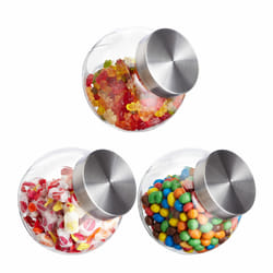 Relaxdays - Bonbonnière en verre, lot de 3, bocaux, couvercle en inox, 1,5 l, friandises et autres aliments, transparent