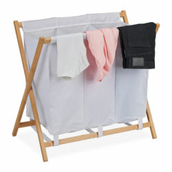 Panier à linge, 3 compartiments de 38 l chacun, pliable, structure bambou, HxLxP: 71x74x42 cm, blanc - nature - Relaxdays