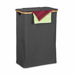 Panier à linge, avec couvercle, 105 l, bambou et polyester, pliable, transportable, noir et nature - Relaxdays