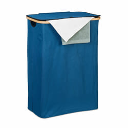 Panier à linge, avec couvercle, 105 l, bambou et polyester, pliable, transportable, bleu et nature - Relaxdays