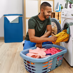 Panier à linge, avec couvercle, 105 l, bambou et polyester, pliable, transportable, bleu et nature - Relaxdays