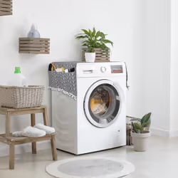 Protection de machine à laver avec poches, polyester, housse lave-linge, sèche-linge, frigo, gris - crème - Relaxdays