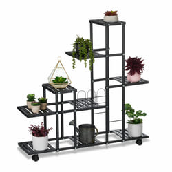 Tagère à plantes, avec roulettes, 9 emplacements, h x l x p : 91,5 x 93 x 26 cm, pour intérieur, noire - Relaxdays