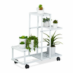 Tagère à plantes, 4 niveaux, pour herbes aromatiques et fleurs, métallique, acier, roulettes, blanche - Relaxdays
